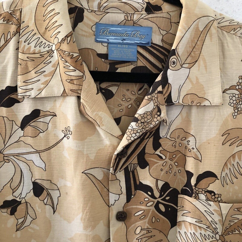 Bermuda Bay 100% Silk Floral Toucan Print Hawaiian Shirt Sz XL Brown Button Up - Picture 5 of 9